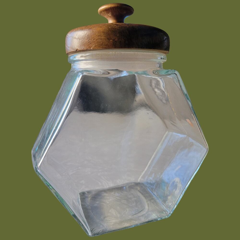 Vintage 1970s Libbey of Canada Hexagon Glass Storage Jar with Wood Lid